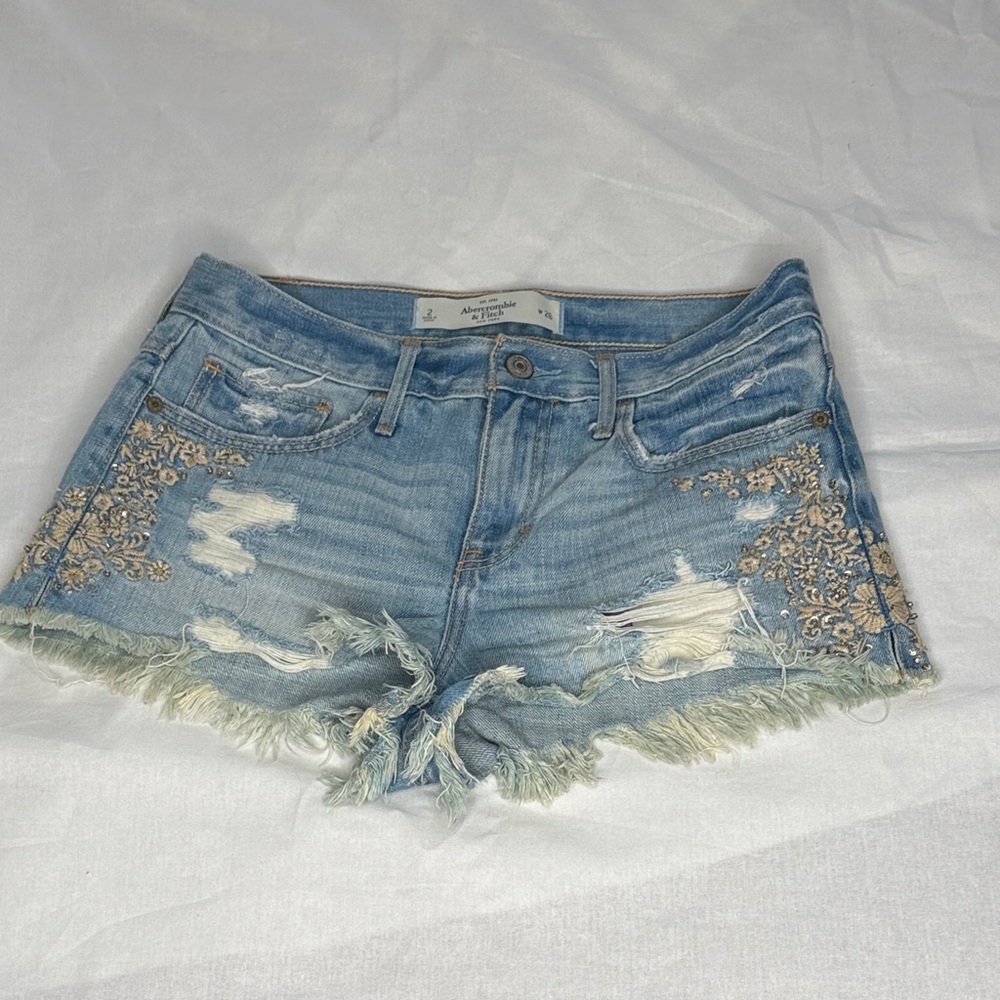 Abercrombie & Fitch Denim Jean Shorts Distressed Embroidered Beading